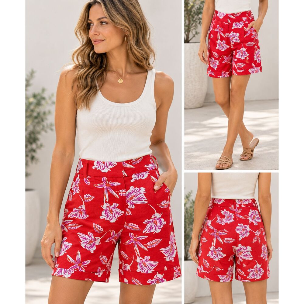 Joie Red Floral Linen Blend High Rise Pleated Shorts Cuffed Size 6